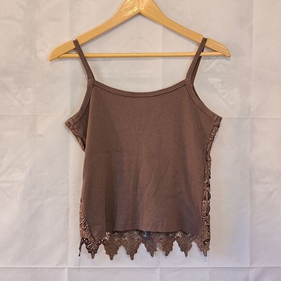 MaxiMa Y2K 90's Taupe Floral Eyelet Ribbed Spaghetti Top Size Large - Picture 7 of 13